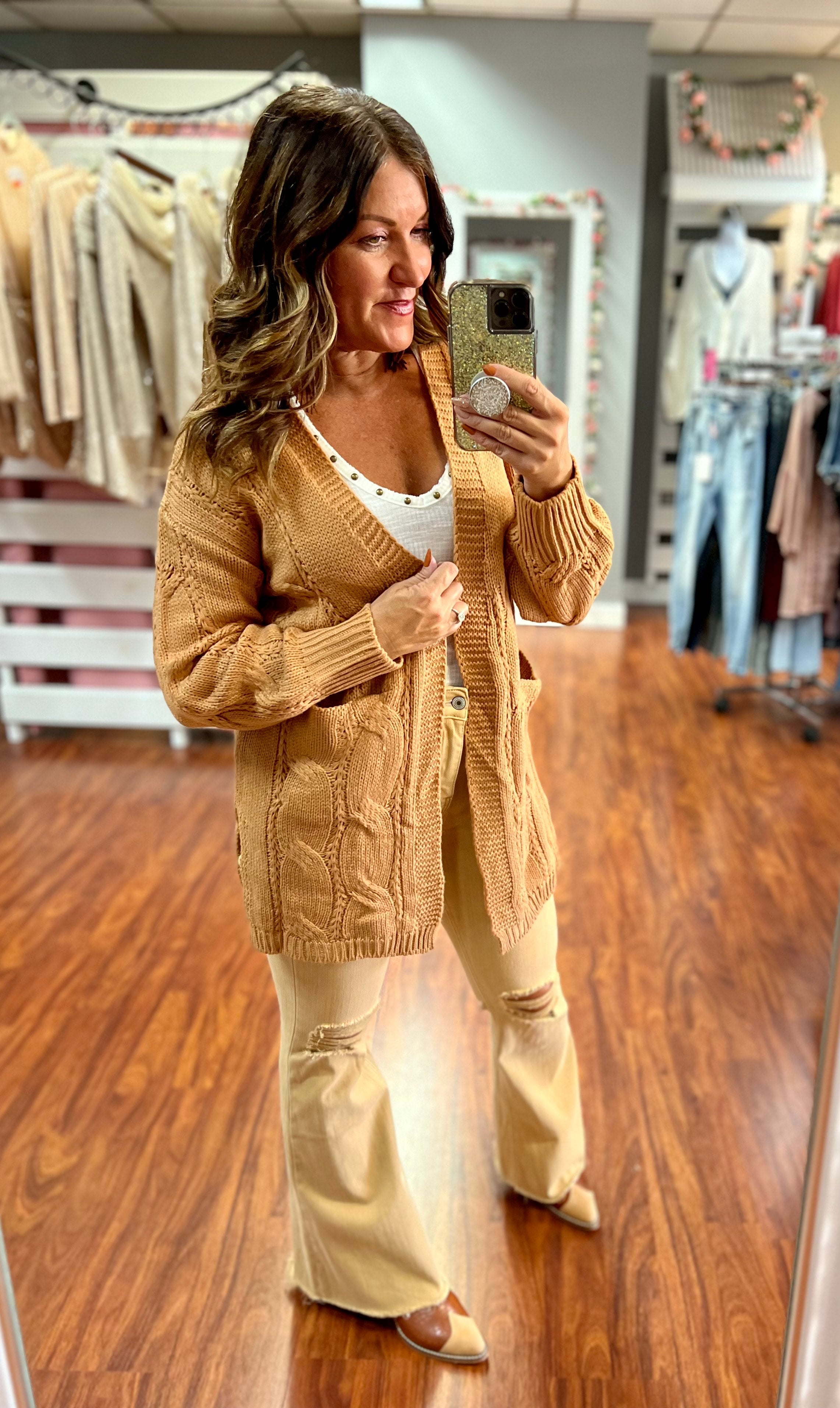 Tan cable outlet knit cardigan