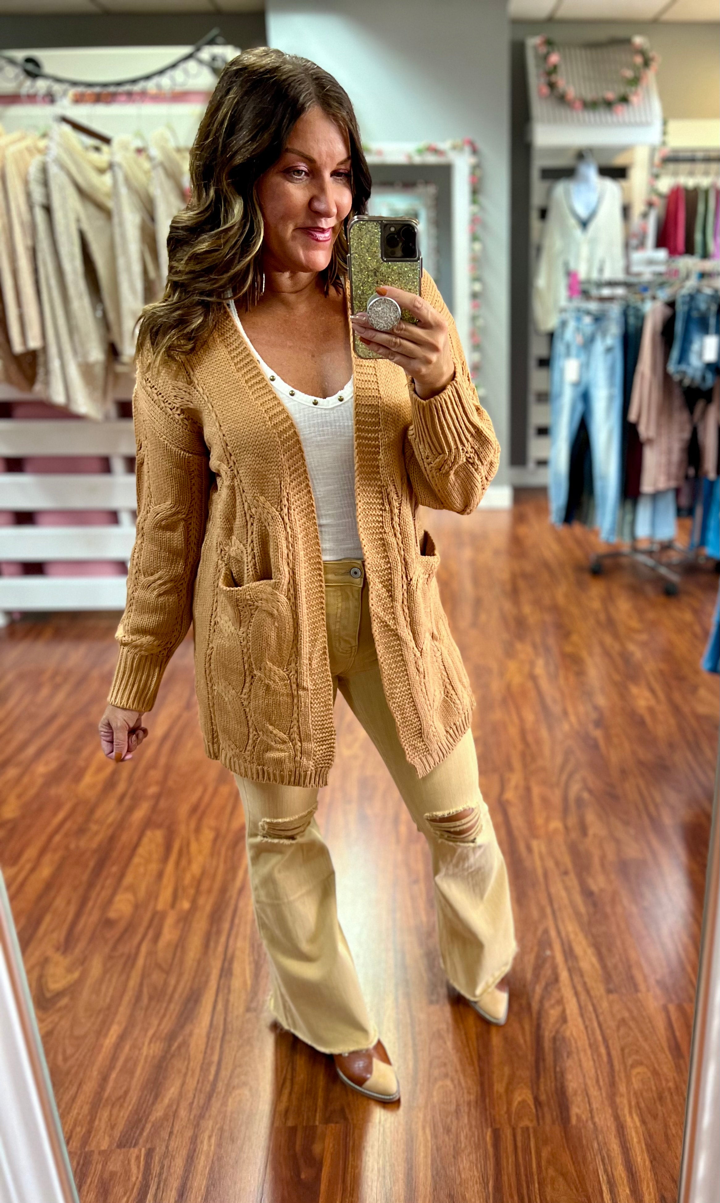 Tan cable knit top cardigan