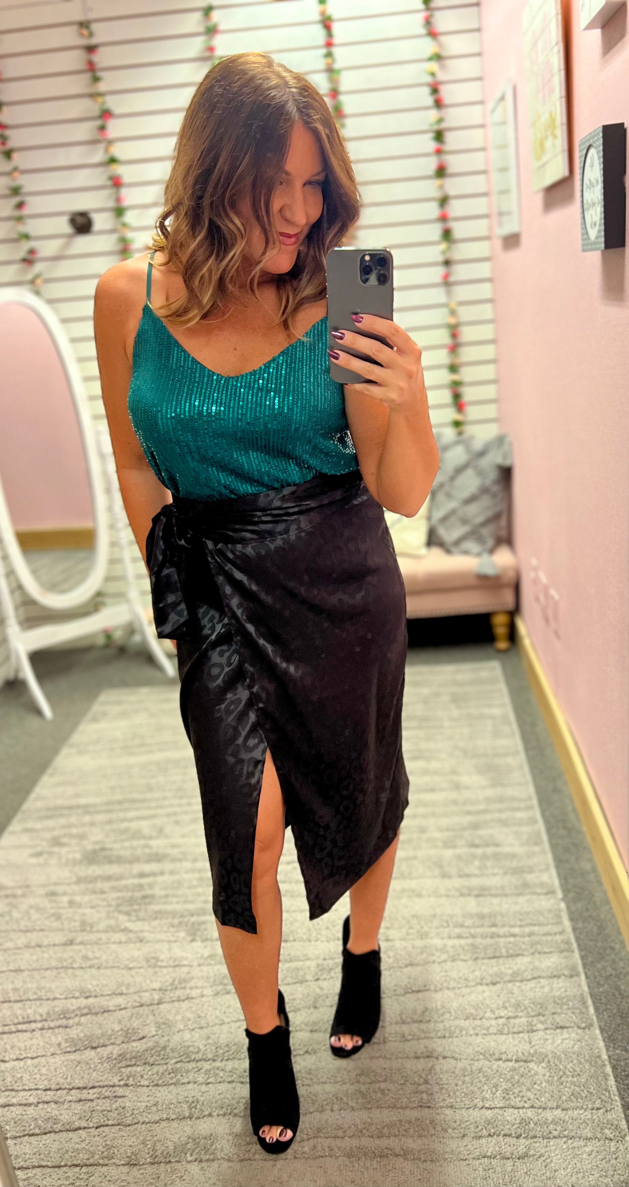 Black Satin Leopard Print Wrap Skirt CHIC ROSE BOUTIQUE
